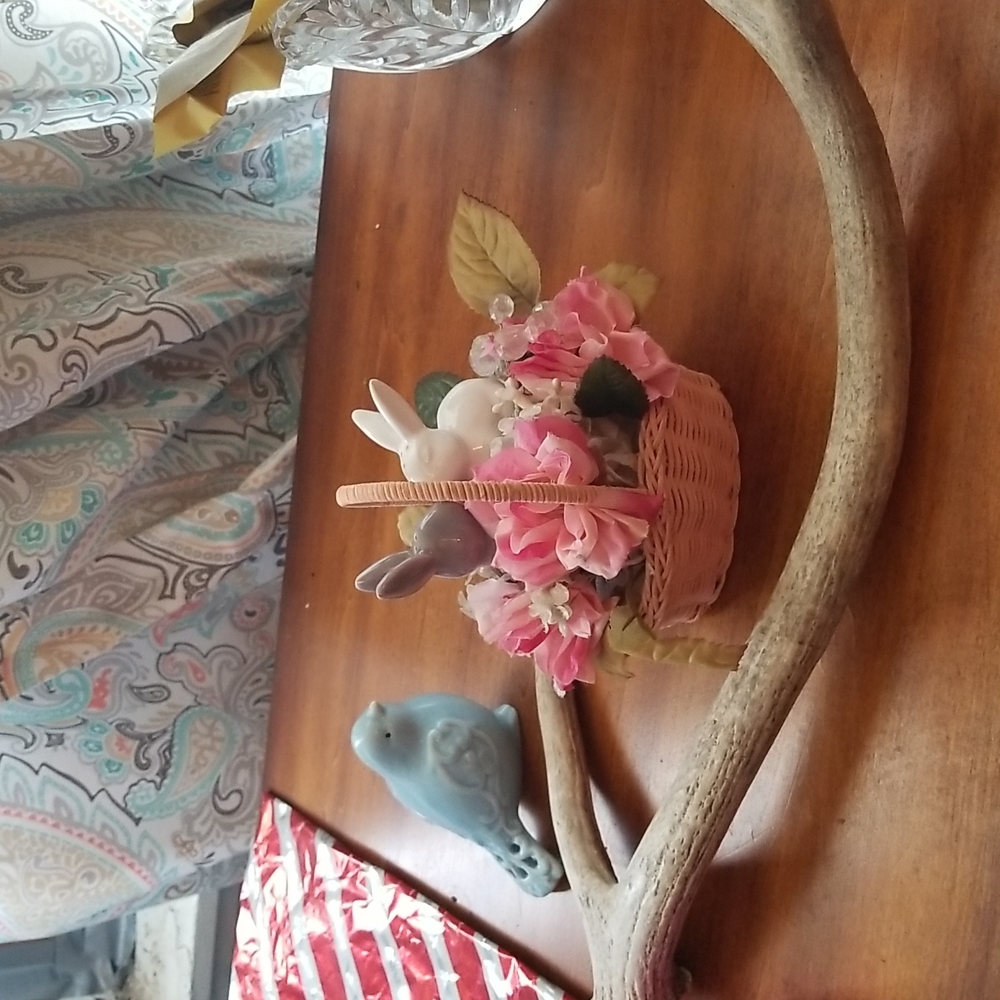 Kissing Bunnies in a pink wicker basket spring, Easter decor